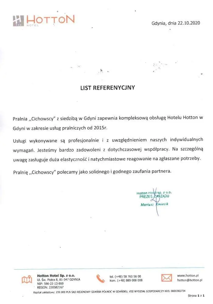 List referencyjny hottel Hotton